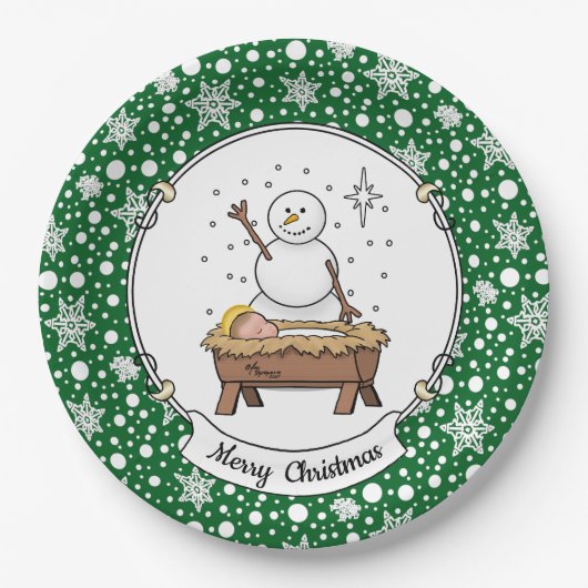 Frohe Weihnachtskrippe Baby Jesus Snowman Pappteller (Vorderseite)