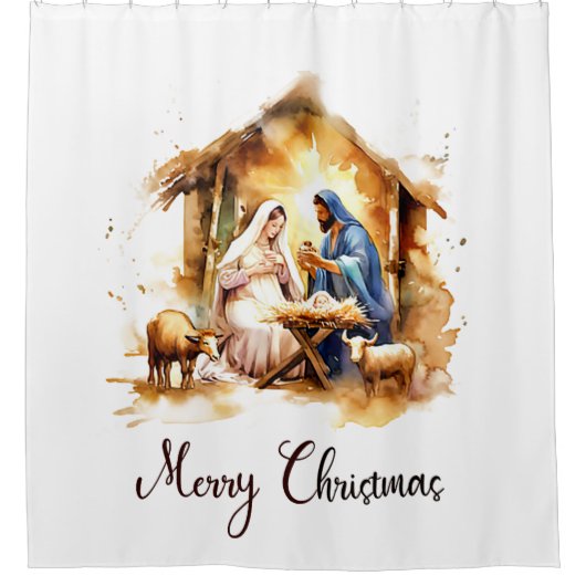 Frohe Weihnachtskrippe Duschvorhang (Vorderseite)