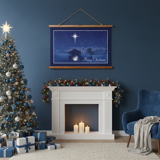 Frohe Weihnachtskrippe Wandteppich Mit Holzrahmen