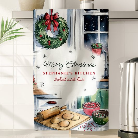 Frohe Weihnachtsküche Backszene Personalisiert Geschirrtuch