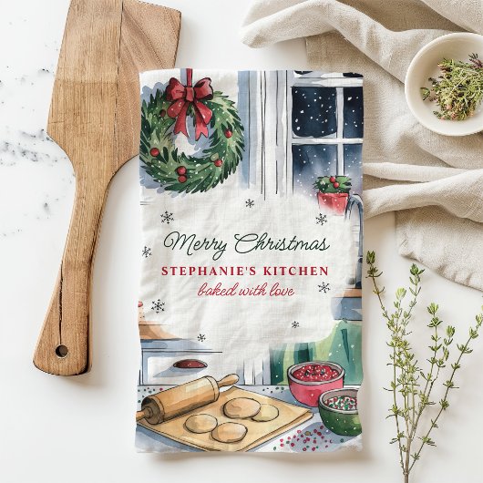 Frohe Weihnachtsküche Backszene Personalisiert Geschirrtuch