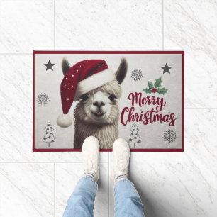 Frohe Weihnachtslama mit Weihnachtsmannmütze, Xmas Fußmatte