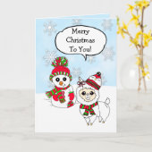 Frohe Weihnachtslama und Snowman Hand Drawn Karte (Gelbe Blume)