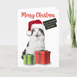 Frohe Weihnachtslehrer Niedliche Katze mit Geschen Feiertagskarte