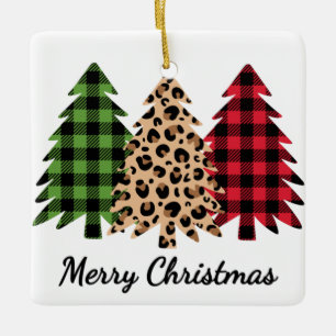 Frohe Weihnachtsleopard und Karierte Bäume Keramikornament