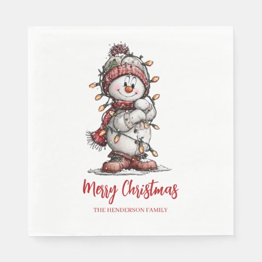 Frohe Weihnachtslichter Schneemann Serviette (Vorderseite)