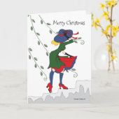 Frohe Weihnachtsmädchen geht schneebedeckte Stufen Karte (Gelbe Blume)