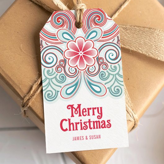 Frohe Weihnachtsmarke mit Rot und Grün Geschenkanhänger