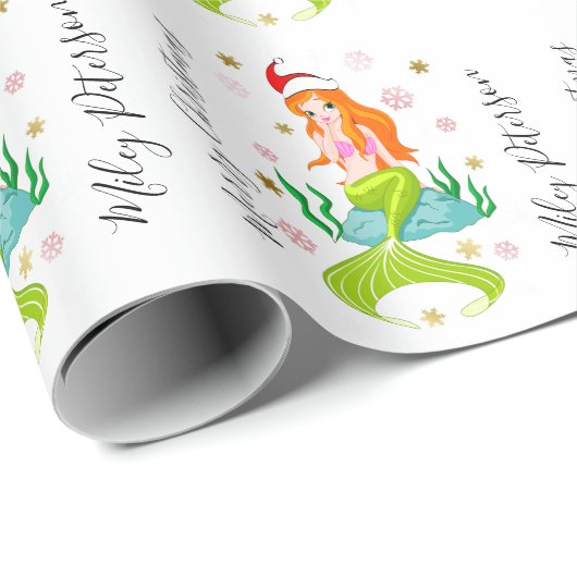 Frohe WeihnachtsMeerjungfrau & Schneeflocken perso Geschenkpapier (Rolleneckpunkt)
