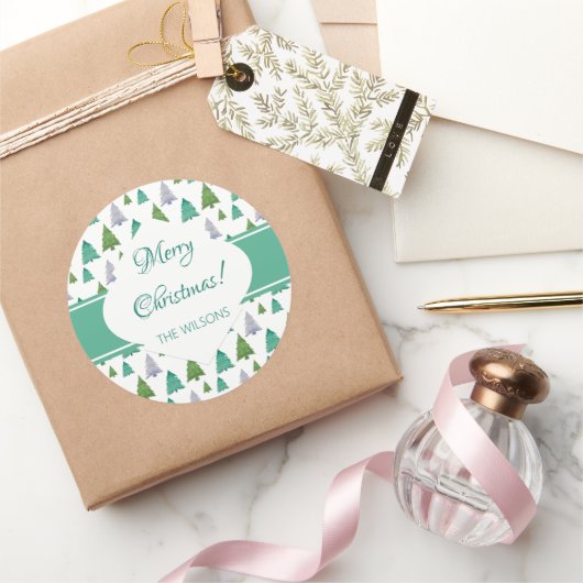 Frohe Weihnachtsminze Grüne Wasserfarben Baum Runder Aufkleber (Schenken)