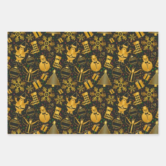Frohe Weihnachtsmotive Gold Geschenkpapier Set (Vorderseite)