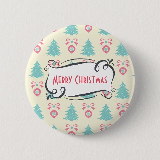 Frohe Weihnachtsmuster mit Bäumen Baubles & Bows Button (Vorderseite)