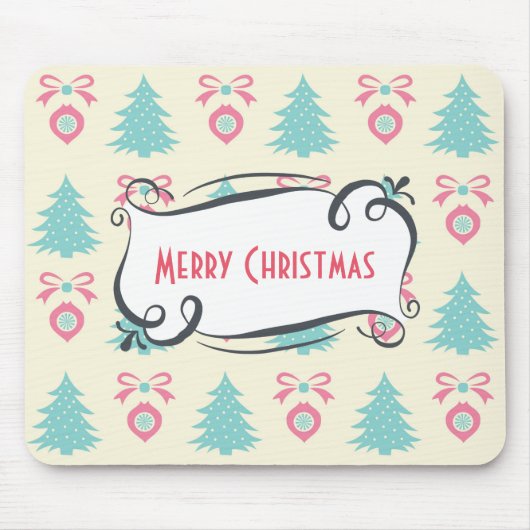 Frohe Weihnachtsmuster mit Bäumen Baubles & Bows Mousepad (Vorne)