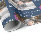 Frohe Weihnachtsname Navy White Foto Collage Geschenkpapier (Rolleneckpunkt)