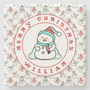Frohe Weihnachtsname Snowman White Steinuntersetzer