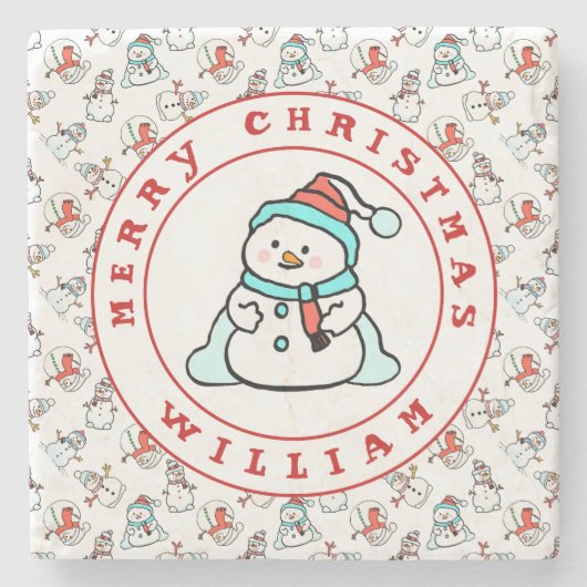 Frohe Weihnachtsname Snowman White Steinuntersetzer (Vorderseite)