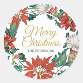 Frohe Weihnachtsnamen Floral Poinsettia Wreath Runder Aufkleber