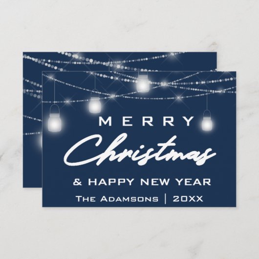 Frohe Weihnachtsnamen Foto Lights Blue Navy Einladung (Vorne/Hinten)