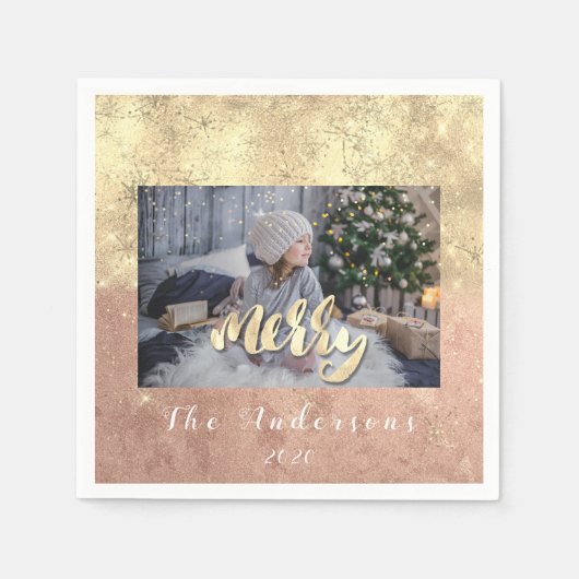 Frohe Weihnachtsnamen Gold Glitzer Foto Rose Stars Serviette (Vorderseite)