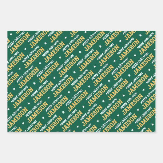 Frohe Weihnachtsnamen Monogram Green Gold Teens Geschenkpapier Set (Vorderseite)