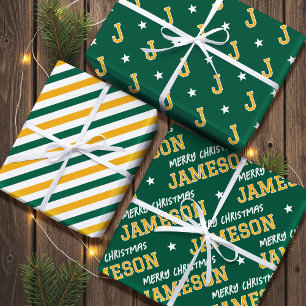 Frohe Weihnachtsnamen Monogram Green Gold Teens Geschenkpapier Set