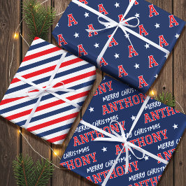 Frohe Weihnachtsnamen Monogram Navy Red Teen Boy Geschenkpapier Set