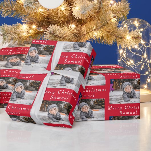 Frohe Weihnachtsnamen Red White Foto Collage Geschenkpapier (Feiertage)