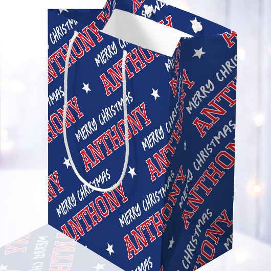 Frohe Weihnachtsnamen Typografie Red Navy Blue Mittlere Geschenktüte