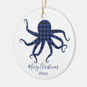 Frohe Weihnachtsoktopus Blaues Schwarzes Kariert Keramik Ornament (Links)