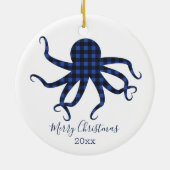 Frohe Weihnachtsoktopus Blaues Schwarzes Kariert Keramik Ornament (Hinten)