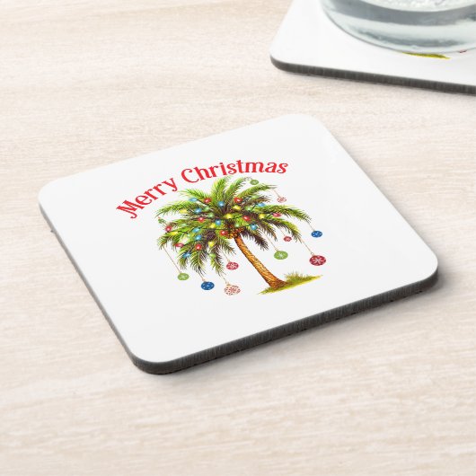 Frohe Weihnachtspalme Tree Light Hawaiian Tropical Getränkeuntersetzer (Linke Seite)
