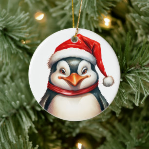 Frohe WeihnachtsPenguin in Weihnachtsmannmütze Sca Keramik Ornament