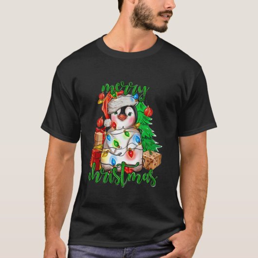 Frohe Weihnachtspenguin Xmas Tree Lights Xmas Holi T-Shirt (Vorderseite)