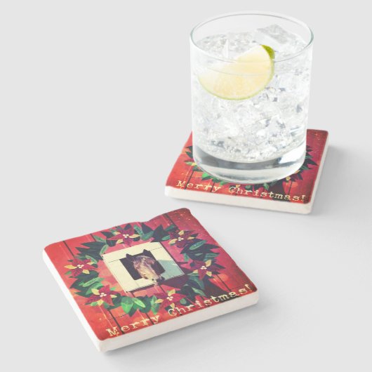 Frohe Weihnachtspferde Roter Barn Steinuntersetzer (Seitenansicht)