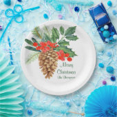 Frohe Weihnachtspine Holly Watercolor Blumenname Pappteller (Party)