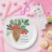 Frohe Weihnachtspine Holly Watercolor Blumenname Pappteller (Party)