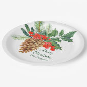 Frohe Weihnachtspine Holly Watercolor Blumenname Pappteller (Schrägansicht)