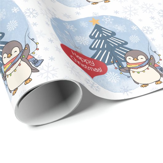 Frohe Weihnachtspinguin und Schneeflocken Geschenkpapier (Rolleneckpunkt)