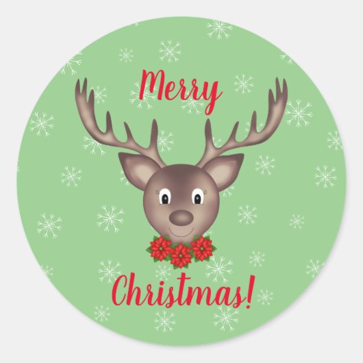 Frohe Weihnachtsrinder mit roter Poinsettia Runder Aufkleber (Vorderseite)
