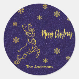Frohe Weihnachtsrinder schneeblauer Glitzer Gold Runder Aufkleber