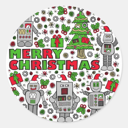 Frohe Weihnachtsroboter Runder Aufkleber (Vorderseite)