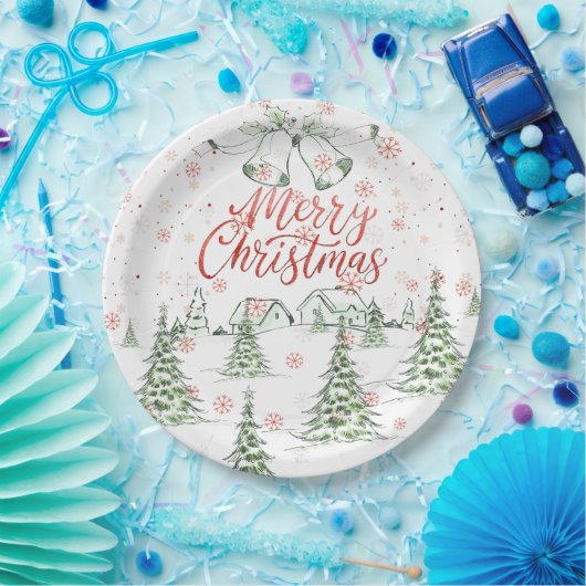 Frohe Weihnachtsrot und grüne Schneebäume Pappteller (Party)