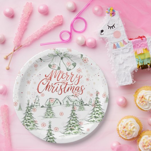 Frohe Weihnachtsrot und grüne Schneebäume Pappteller (Party)
