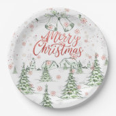 Frohe Weihnachtsrot und grüne Schneebäume Pappteller (Vorderseite)