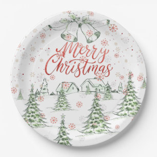 Frohe Weihnachtsrot und grüne Schneebäume Pappteller