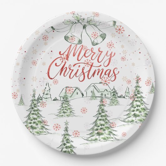 Frohe Weihnachtsrot und grüne Schneebäume Pappteller (Vorderseite)