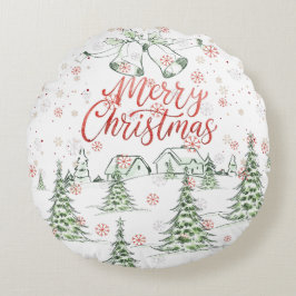 Frohe Weihnachtsrot und grüne Schneebäume Rundes Kissen