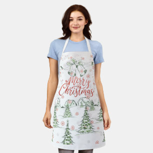 Frohe Weihnachtsrot und grüne Schneebäume Schürze