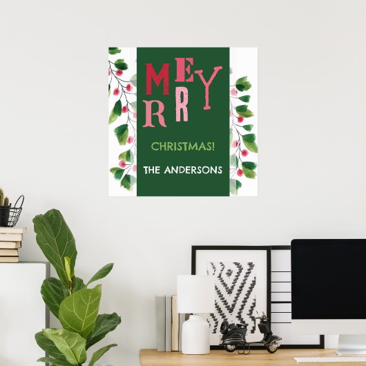 Frohe Weihnachtsrot und grüne Wasserfarbe Poster (Heimbüro)
