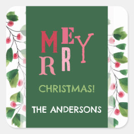 Frohe Weihnachtsrot und grüne Wasserfarbe Quadratischer Aufkleber